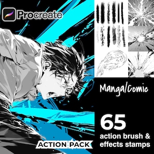 65 Procreate Shounen Action Manga Comic Brushes and Background Stamps - Variety of Easy Digital Brushes - Animated Manga Drawing