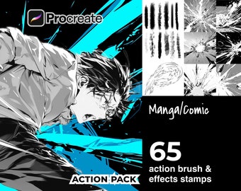 Puede incluir: Paquete de arte digital para Procreate con temática manga/cómic. Incluye 65 sellos de pinceles de acción y efectos. El diseño utiliza una combinación de colores negro, blanco y azul, con una ilustración de estilo manga.
