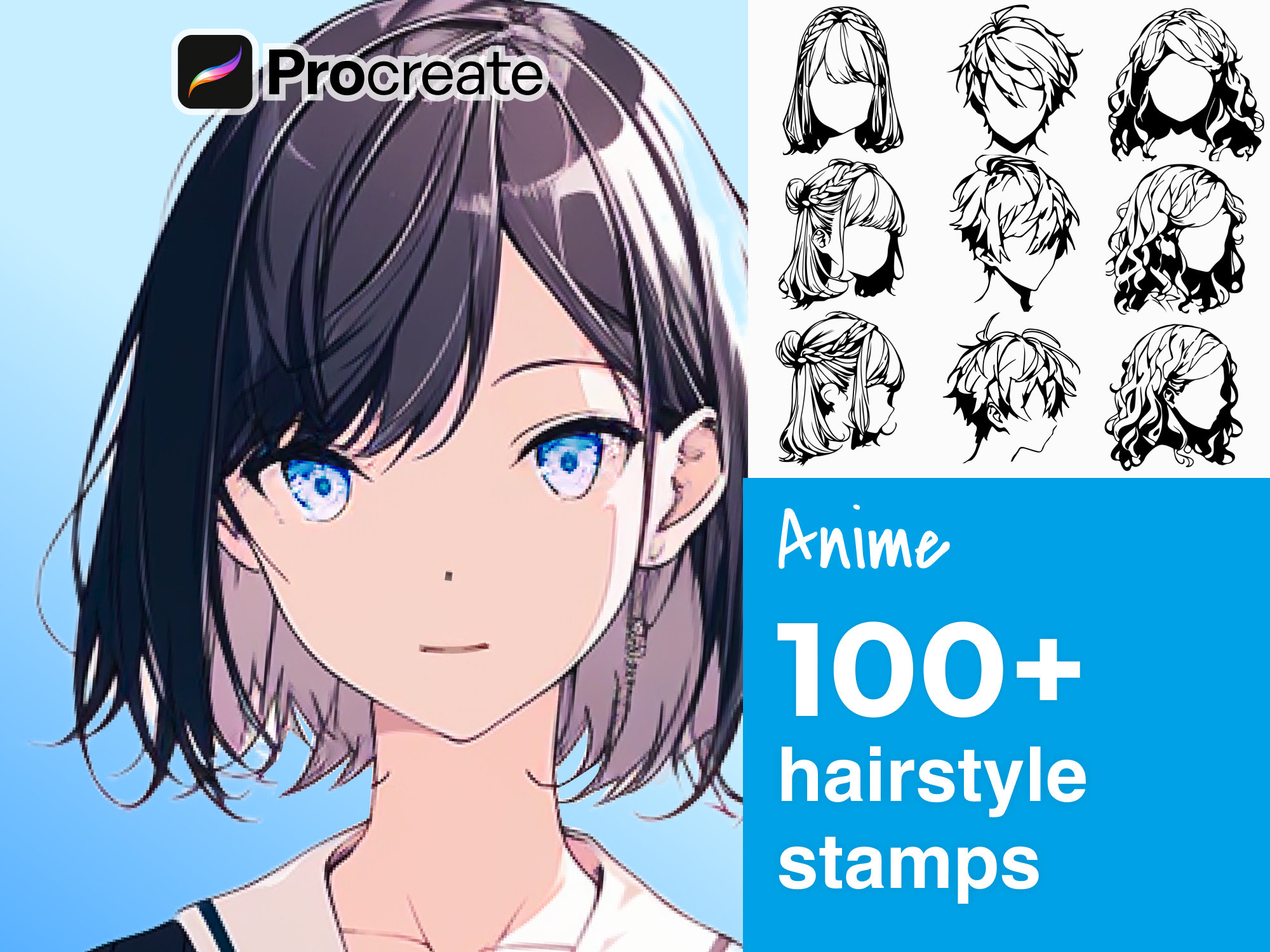 56 Procreate Manga Hairstyles Stamps. Anime Girl Hairstyle 