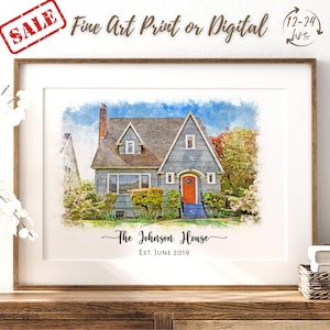 May include: A watercolor painting of a house with a blue roof and a red door. The house is surrounded by green grass and trees. The text "The Johnson House Est. June 2019" is written below the house.