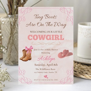 Editable Cowgirl Baby Shower Invitation, Country Cowgirl Boots,  Wild West Little Cowgirl, Canva Invite Template