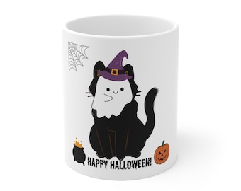 Halloween Cat Mug – Cute Black Kitty Ceramic Coffee Cup – Spooky Fall Decor for Cat Lovers – Witchy Autumn Gift