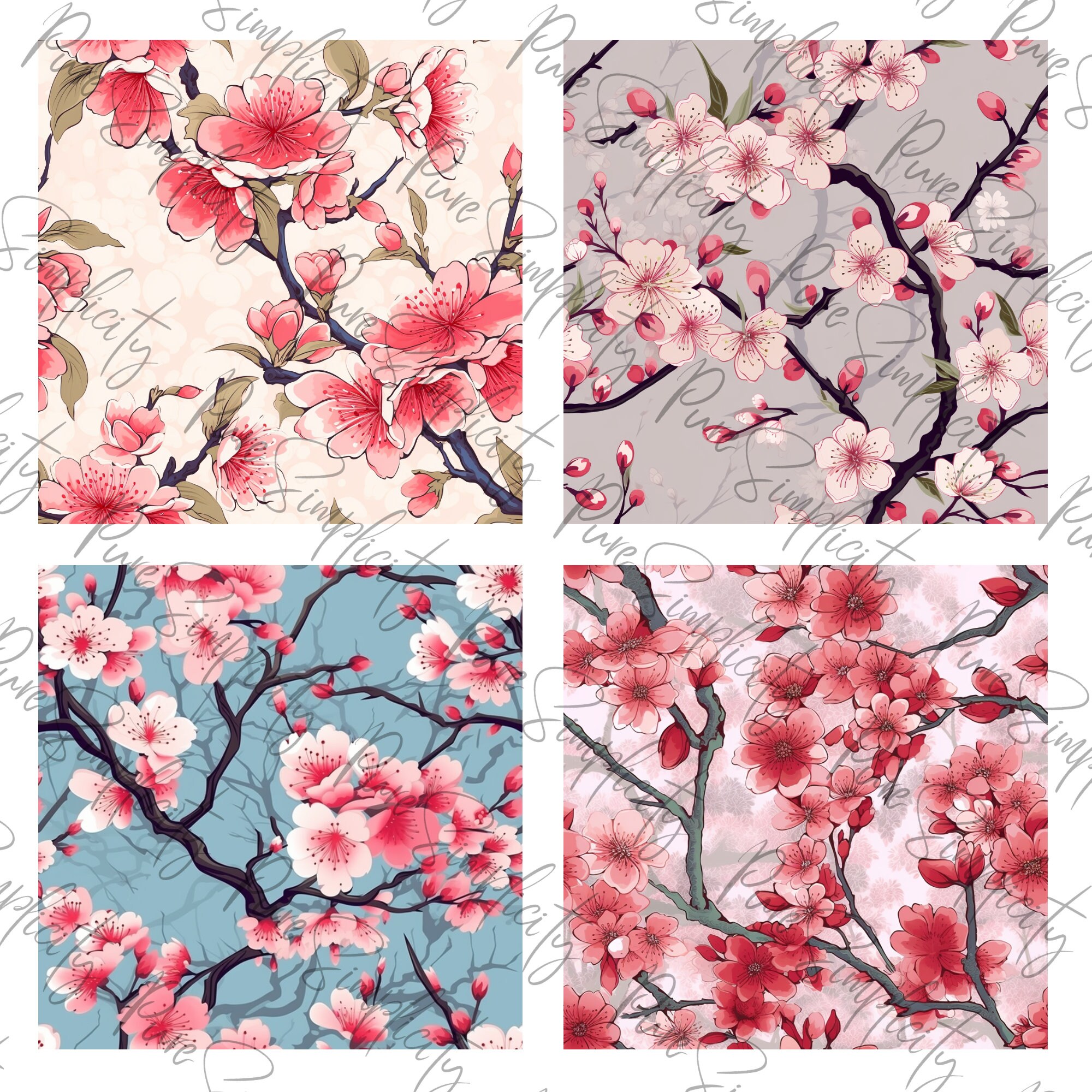 Japanese Cherry Blossom Seamless Pattern 20 PNG Files Digital Paper Printable Paper Commercial ...