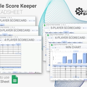 May include: A Google Sheet spreadsheet template for keeping score in a game. The template includes scorecards for 2, 3, 4, 5, and 6 players, as well as a win chart. The spreadsheet is easy to use and can be customised to fit your needs.