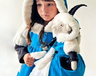 Elegant Demi-season coat, coat with hood, blue, faux fur trim, girls coat, hooded girl coat, elegant kids coat