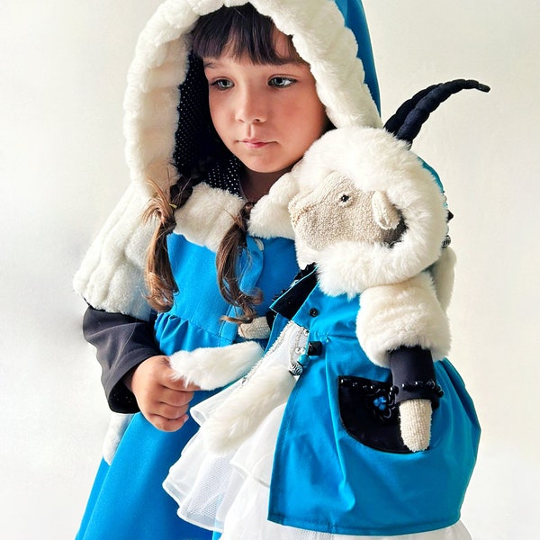 Élégant manteau demi-saison, manteau avec capuche, bleu, bordure en fausse fourrure, manteau filles, manteau fille à capuche, manteau enfant élégant
