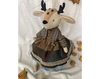 Deer Rag Doll, Deer Stuffed Animal, Christmas Gift For Girls, Stuffed Christmas Deer, Soft Toy Deer, Fabric Stuffed Animal, Plush Toy Deer