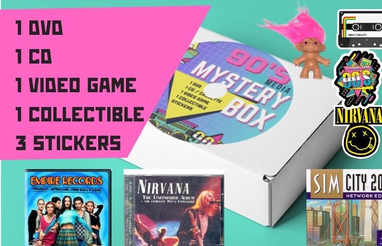  90s MEDIA Mystery Box Nostalgia Vintage Retro Gift Stickers  Grab Bag CDs DVDs PC Cartridge Video Games for Him Her : Handmade Products