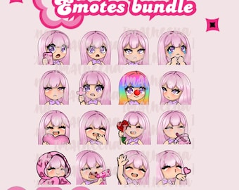 May include: A set of 12 pink and white animated emotes featuring a cartoon character with different expressions. The emotes are designed for use on Twitch, YouTube, and other social media platforms. The text "Emotes bundle" is at the top of the image. The text "@IMATHEENA" is at the bottom of the image.