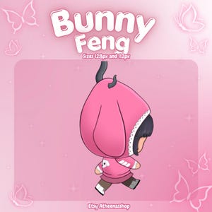Könnte beinhalten: Cartoon-Illustration eines Charakters namens "Bunny Feng" in einem rosa Kapuzen-Outfit mit weißem Spitzensaum. Die Figur hat schwarzes Haar und geht. Der Hintergrund ist rosa mit Schmetterlingen und dem Text "Bunny Feng" in Weiß.