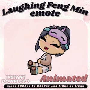 May include: Animated digital art of a cartoon character, Feng Min, with the text "Laughing Feng Min emote". The character is wearing a sleep mask and pajamas. The image includes the text "Instant Download" and "Animated".
