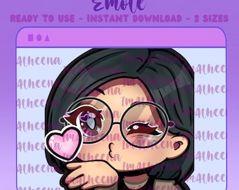 May include: A digital illustration of a cartoon character with black hair, wearing glasses and a pink heart sticker on her cheek. She is blowing a kiss and winking. The background is a light purple with the text "Atheena" repeated.