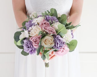 Spring Wedding Bouquet, Artificial wedding bouquets purple Periwinkle pink roses eucalyptus. Bridal Bouquets silk Wedding Flowers, Weddings