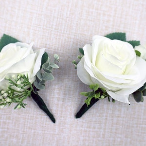 Boutonniere for wedding white ivory greenery, Pin-on Boutonniere for groom and groomsmen,  Artificial Prom Homecoming boutonniere for men