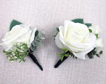 Boutonniere for wedding white ivory greenery, Pin-on Boutonniere for groom and groomsmen,  Artificial Prom Homecoming boutonniere for men