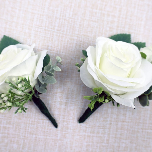 Boutonniere para boda con vegetación de marfil blanco, Pin-on Boutonniere para novios y padrinos de boda, Artificial Prom Homecoming boutonniere para hombres