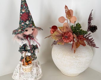 Handmade Fall Witch Doll – Green Floral Textile Art Doll with Pumpkin Basket