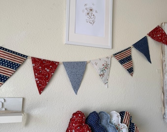 Primitive Americana Fabric Banner, Patriotic Bunting Garland, Fourth of July Farmhouse Decor, Rustic Red White Blue Flag Garland