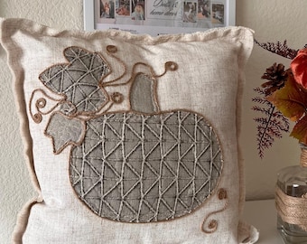Handmade Pumpkin Applique Pillow – Neutral Farmhouse Halloween Decor