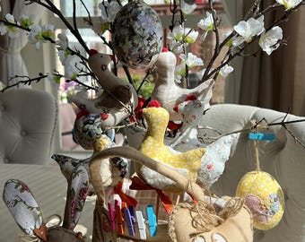Vintage Easter Basket Decor: Textile Bunny, Chickens & Eggs