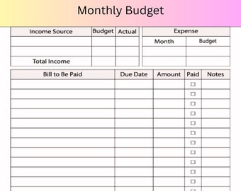 Op de afbeelding: Een printbare maandelijkse budgetplanner met secties voor inkomsten, uitgaven en een samenvatting. De planner bevat kolommen voor inkomstenbron, budget, daadwerkelijk, maand, uitgaven, budget, te betalen rekening, vervaldatum, bedrag, betaald, notities, totaal, opmerkingen, totale inkomsten, totale uitgaven en verschil.