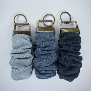 Vintage Denim Scrunchie Keychain Wristlet: Repurposed Blue Jean Key Fob Gift