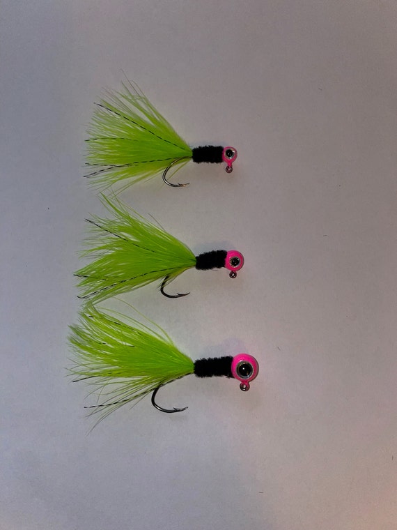 Hand Tied Crappie Jigs pink, Black, Chartreuse Quantity 3 Jigs