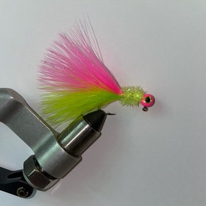 Hand Tied Crappie Jigs Electric Chicken (Pink and Chartreuse)  Quantity 3 Jigs Multiple Weights