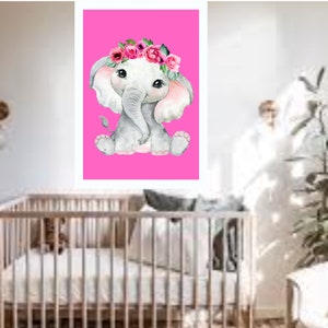 May include: A watercolor illustration of a gray elephant wearing a pink flower crown on a pink background.