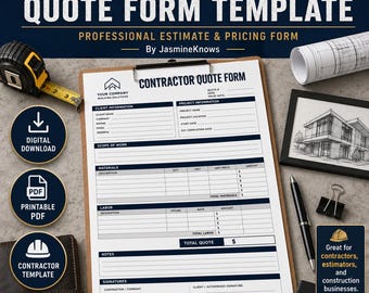 Op de afbeelding: Een offerteformulier sjabloon voor aannemers met de tekst "CONTRACTOR QUOTE FORM TEMPLATE" en "PROFESSIONAL ESTIMATE & PRICING FORM". Inclusief een meetlint, rekenmachine en architectonische tekening. Digitale download- en afdrukbare PDF-opties.