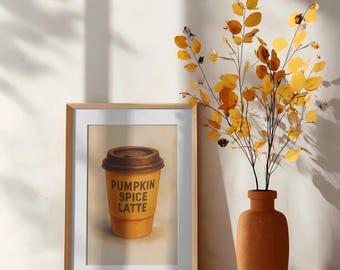 Aquarelprint Pumpkin Spice Latte: gezellige herfstmuurkunst (digitale download)