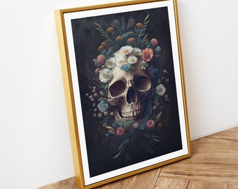Skull With Surrounding Flowers Digital Poster Print | Digital Poster Download | AI Digital Print