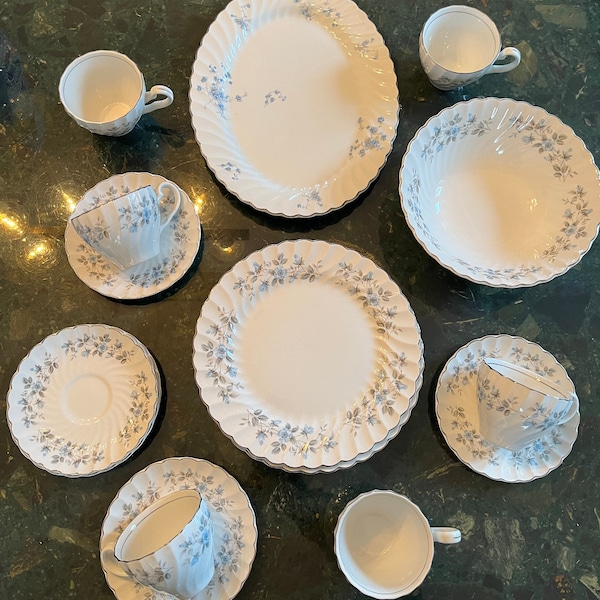 Johnson Bros  Vintage Dinnerware  Snow White Regency Fine China Blue Floral Edged Silver