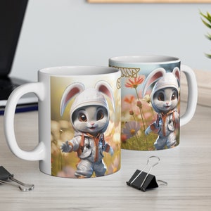 COFFEE MUG (11oz): Chibi Bunny (ANIME), gift, birthday, colorful, digital, art, coffee, tea, chocolate, cup, cute, rabbit, meadow, flowers