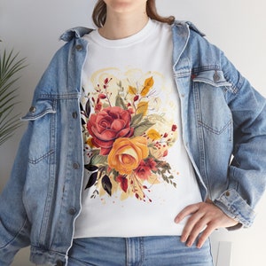 T-SHIRT: Whimsical Floral Print, Unisex Heavy Cotton Tee, mother&#39;s day, birthday, flowers, bouquet, women, girls, wife, cute, art, abstract
