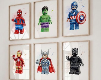 Superhero Wall Art Prints Set of 6 | building block kids bricks prints | Boys Room Decor Posters