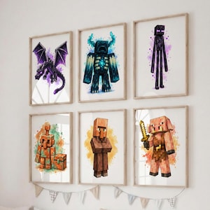 May include: A set of six framed wall art prints featuring pixelated Minecraft characters including an Ender Dragon, Warden, Enderman, Iron Golem, Villager, and Piglin. Each character is depicted in a watercolour style against a white background.