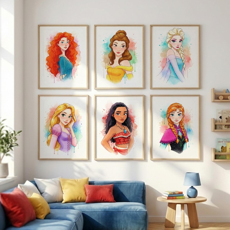May include: Six framed watercolor prints of animated female characters with vibrant hair and colorful dresses. The artwork is displayed on a white wall above a blue sofa with colorful pillows. The prints are in wooden frames.