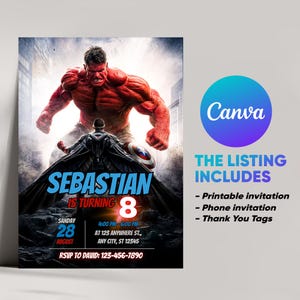 Modello modificabile di invito di compleanno Thunderbolt Ross Canva, Captain America: Brave New World, invito Red Hulk, biglietto di invito Superhero