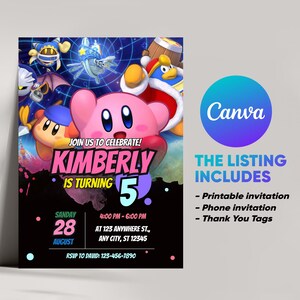 Kirby-verjaardagsuitnodiging | Digitale feestuitnodiging voor kinderen | Bewerkbare kaart met Kirby en het Vergeten Land-thema | Afdrukbare Evite-sjabloon