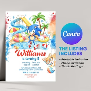 Editable Sonic Pool Party Invitation with FREE Thank You Tag & Phone Version | Boys Birthday Canva Template | Instant Digital Download