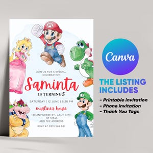 Super Mario Brothers Geburtstagseinladung | Bearbeitbar in Canva | Digitales Kind einladen | Druckbare Download Videospiel Evite Vorlage | Leinwand