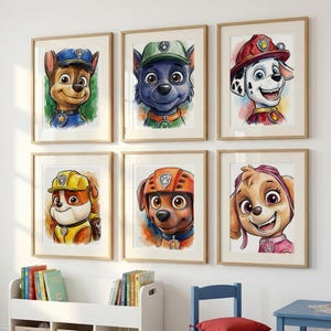 A collection of six framed illustrations of cartoon animal characters, including a dog, a wolf, a bear, a dog, a cat, and a dog, arranged on a wall above a bookshelf.