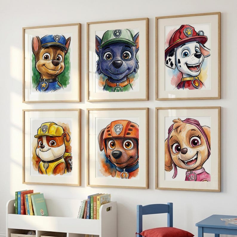 A collection of six framed illustrations of cartoon animal characters, including a dog, a wolf, a bear, a dog, a cat, and a dog, arranged on a wall above a bookshelf.