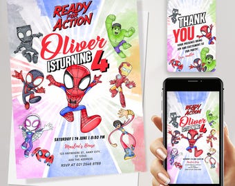 Superhero Spiderman Birthday Invitation Template, Avengers superhero digital invitation, super hero invitation card instant download