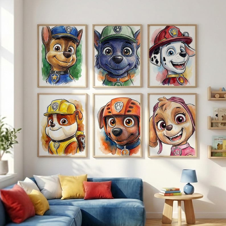 A collage of six colorful and lively cartoon dog character portraits, including a dog wearing a blue hat, a dog with a red hat, a dog with a yellow hat, a dog with a green hat, a dog with a red hat, and a dog with a pink hat.