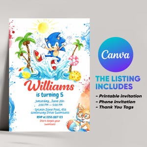 Editable Sonic Pool Party Birthday Invitation for Boys with FREE Thank You Tags & Phone Invite | Canva Template Digital Download