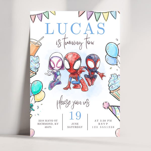 Może przedstawiać: Zaproszenie urodzinowe z tekstem LUCAS is turning two, please join us, 19 June Saturday, 3:30 PM oraz adresem. Projekt zawiera akwarelowe ilustracje trzech superbohaterów, kolorowe balony, babeczki oraz girlandę z chorągiewkami.