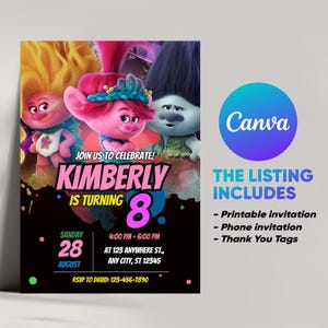 Trolls Poppy & Viva verjaardagsuitnodiging voor meisjes met GRATIS bedankkaartjes, trollenuitnodiging canvassjabloon, Poppy trollenuitnodiging