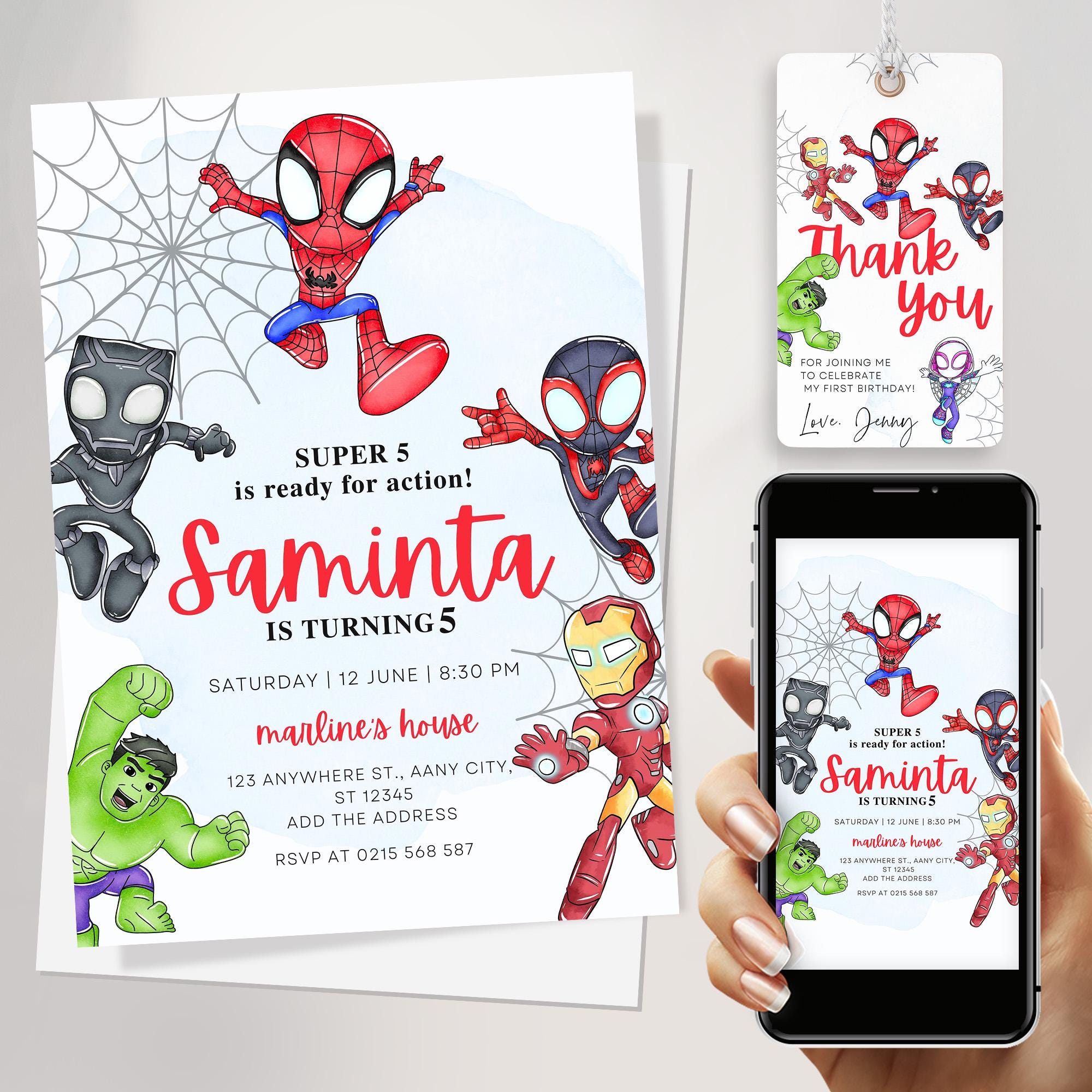 spidey and his amazing friends birthday invitation, 5th birthday invitation boy, 5th birthday invite, 5th birthday superheroes invitation